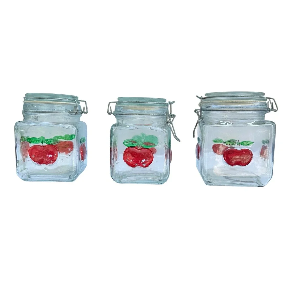 Red Apple Glass Canister Set of 3 Square Jars Vintage Locking Lids Farmhouse